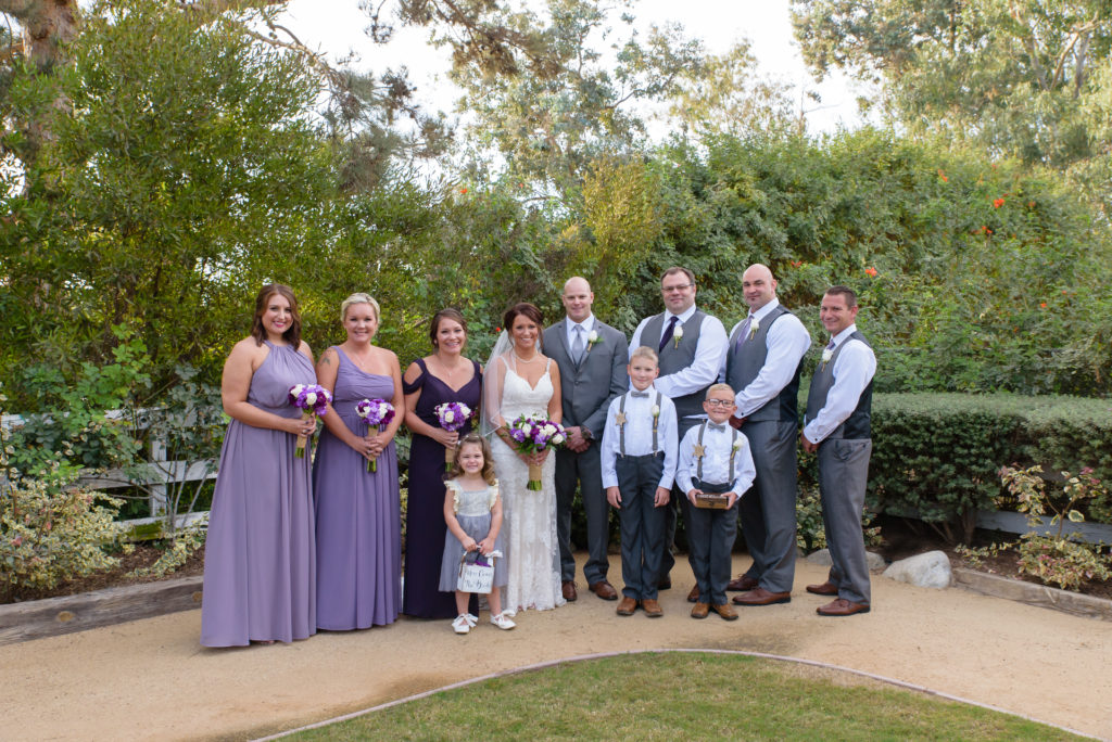 Wozniak_Wedding_106 Wedding Party Group Portrait at The Red Horse Barn with party wearing Gray Suits, Purple and Lavendar Bridesmaid Dress